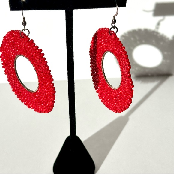 RED BEADED Statement Hoop Earrings - Picture 5 of 6
